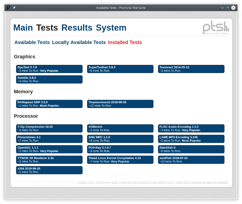 Рис. 3 - Просмотр установленных в системе тестов Phoronix Test Suite в режиме графического интерфейса.